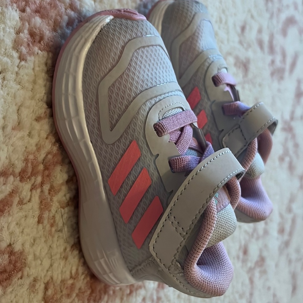 Toddler Size 4 Adidas Sneakers. Light gray and white w/ pink and purple accents